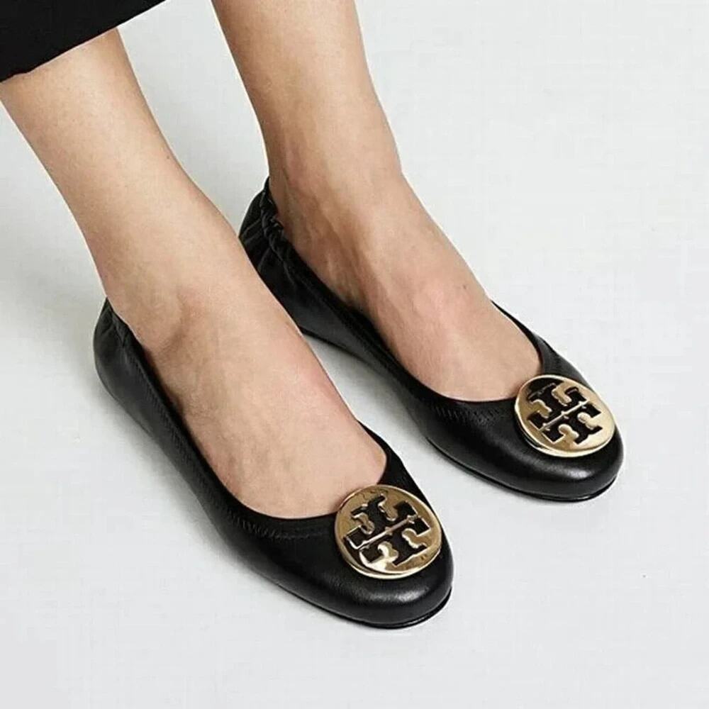 TORY BURCH Classic Reva Ballet Flat Black Leather Gold Logo Slip Round Toe 9.5